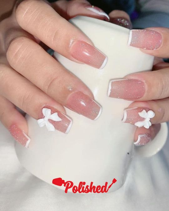 3D Bow French Nails with white tips and pink base
