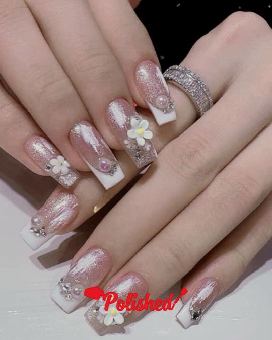 3D Flowers White Tip French Nails Ideas