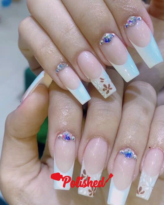 Flowers Ombré French Tips with Crystals White Tip French Nails Ideas