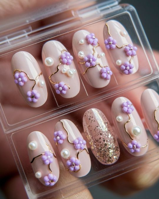 artificial nail for spring with flowers blossoms and nude base