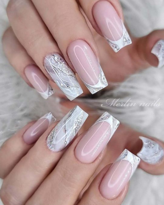 merlin_nails Marble Effect White tip French nails design