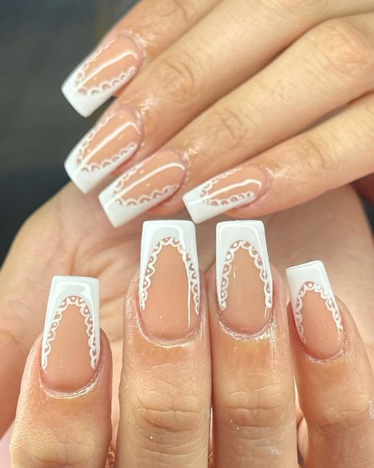 nails_by_arely Lace Patterns White tip French nails design
