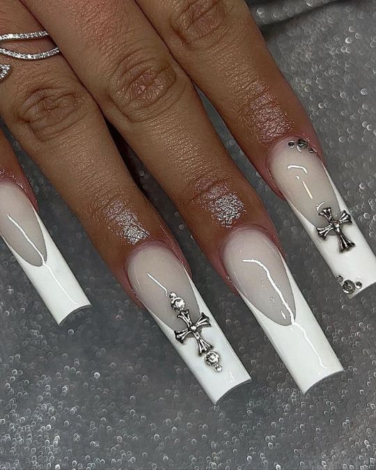 Gothic Cross White French Tips Nails