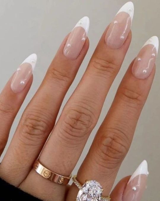 Pearl Embellishments White tip French nails design