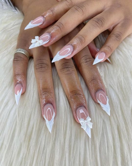 Stiletto White Tips with 3D Bow