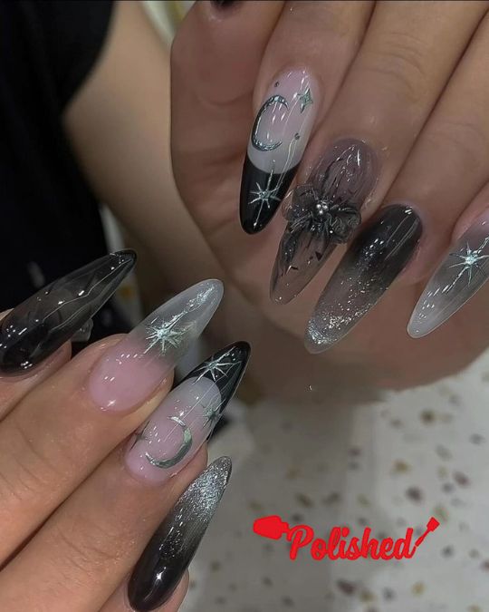 Celestial Noir Black French Tip Nails