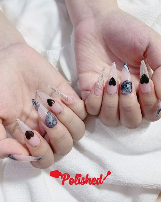 Marbled Heart Stiletto French Nails