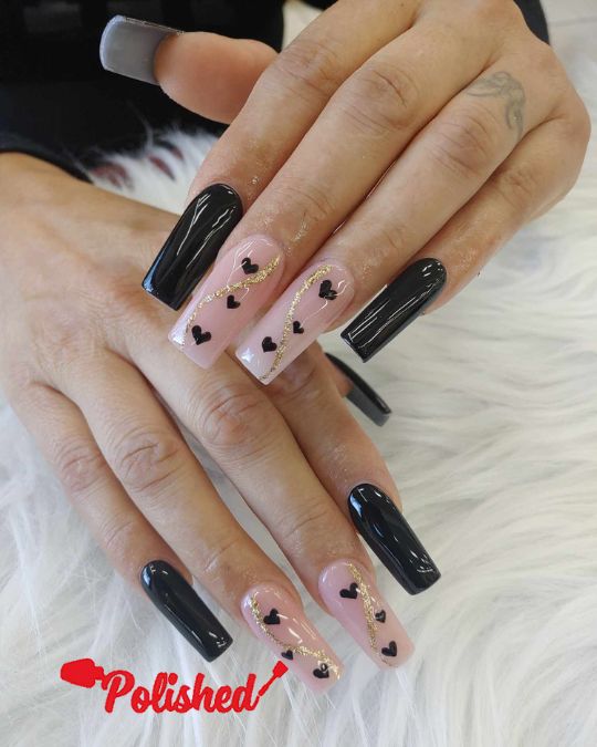 Polished Cary Nails Midnight Romance Acrylic Square-shaped acrylic nails for Valentine's Day in a Midnight Romance theme.