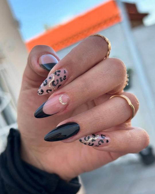 Leopard Gold and Black French Manicure
