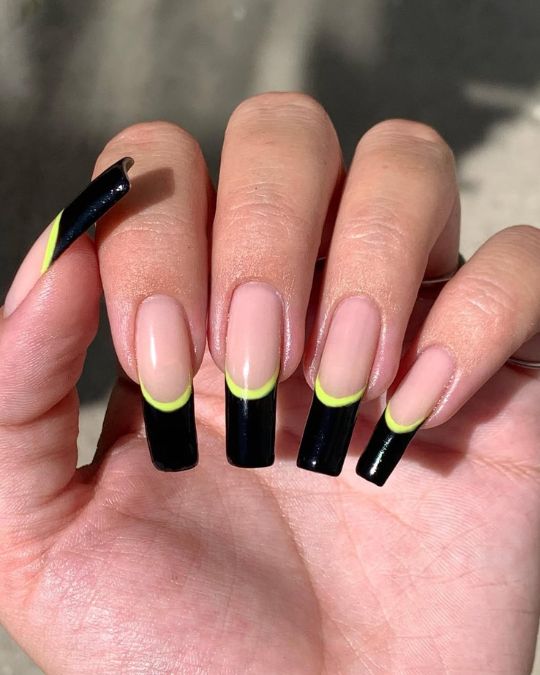 Neon Accent Black French Tips