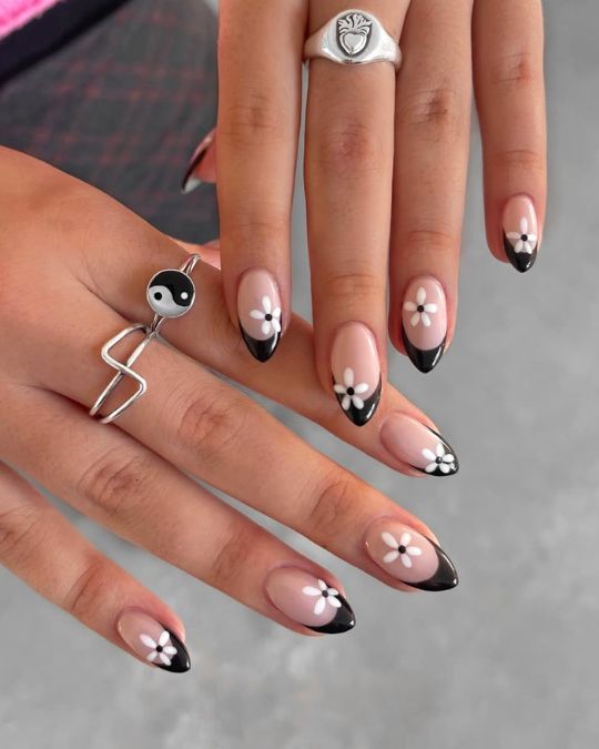 White Floral Black French Tips