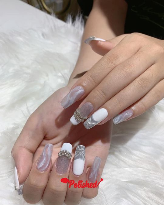 Grey Frost Glitter Coffin Nails