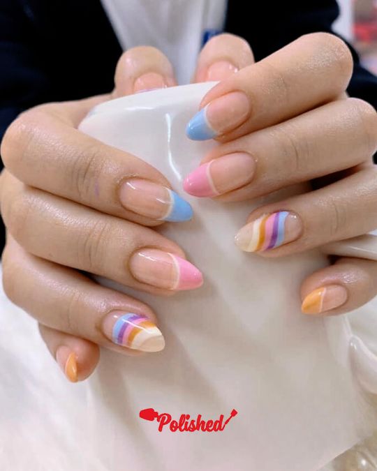 Pastel Rainbow French Almond Nails