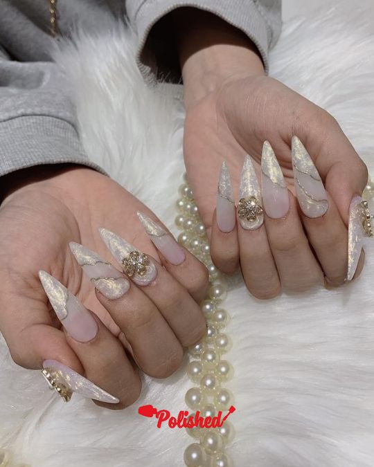 Pearlescent Floral Stiletto Nails