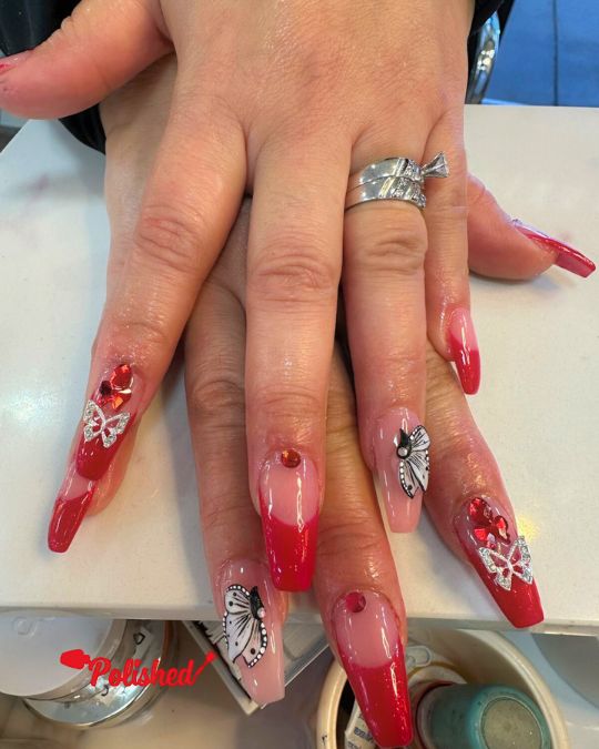 Red Ombre Butterfly Coffin Nails