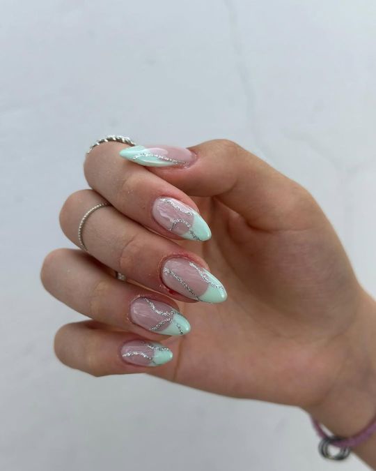 Mint Swirl Glitter French Tips