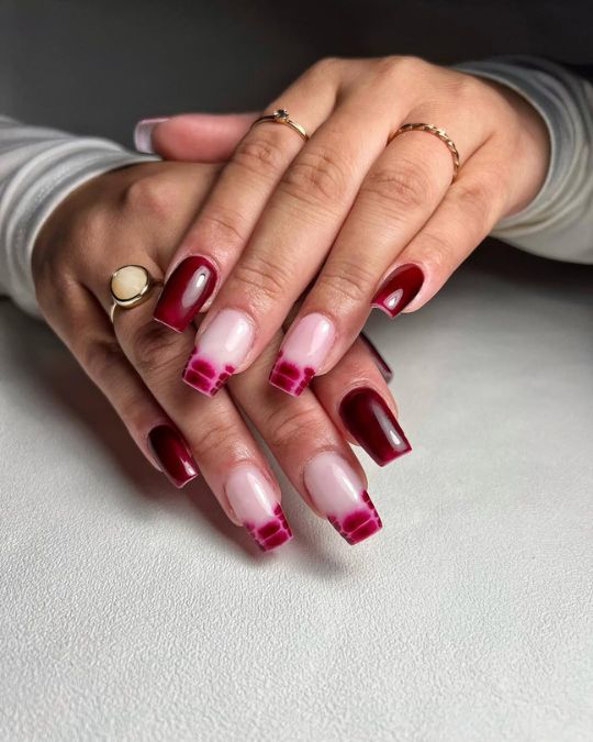 Crocodile Effect Burgundy Coffin Nails Colored French Tips
