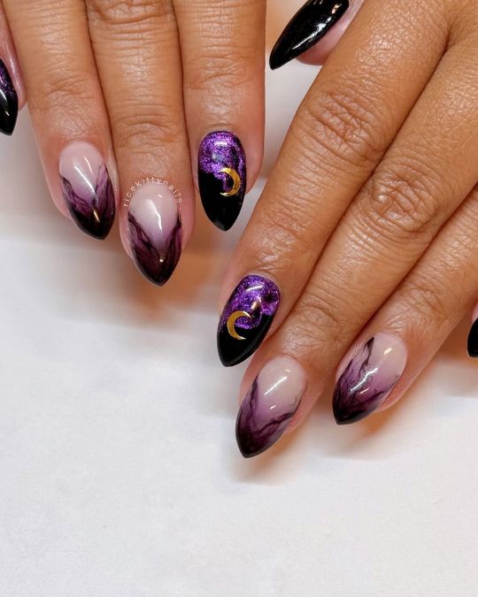 Purple Glitter Moon Cat-Eye Nails