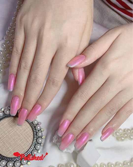 long coffin nails with pink magnetic silver-tip