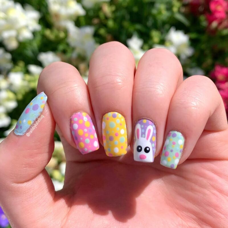 colorful polka dots and Easter bunny on square nails