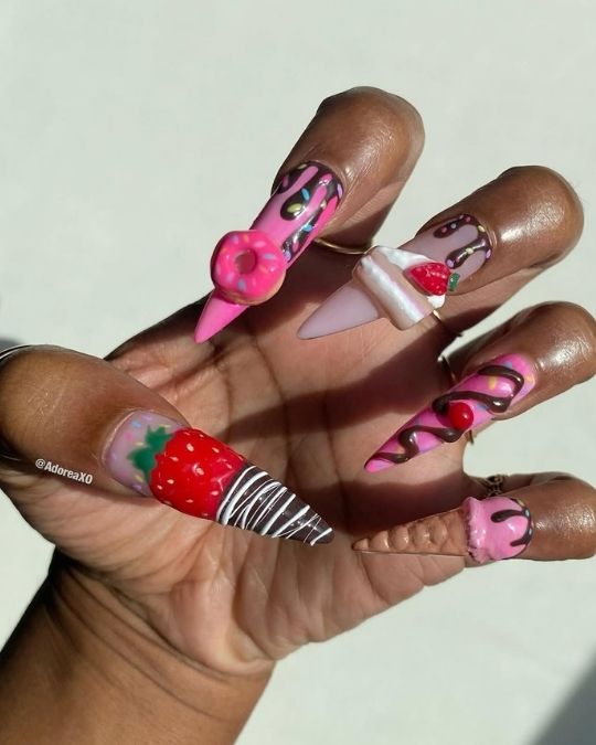 chocolate-dipped strawberries, donut, ice cream on long stiletto nails
