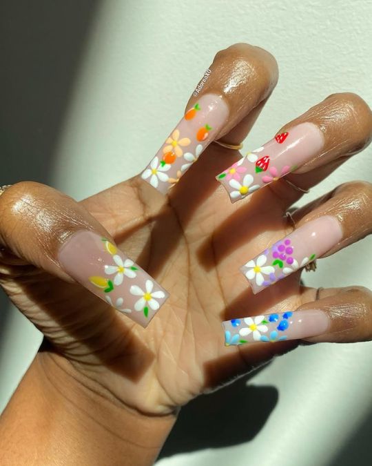 cute daisies and fruity accents long square nails