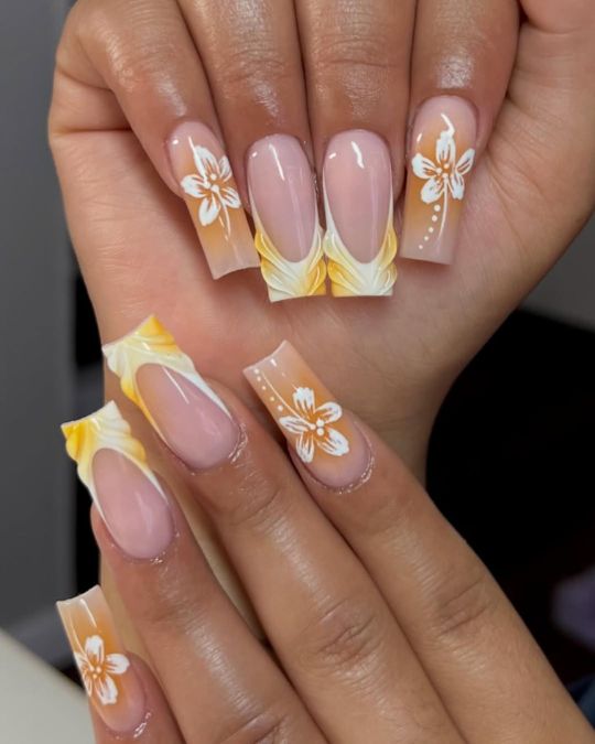 long square nails yellow white french tip with swirls and flowers