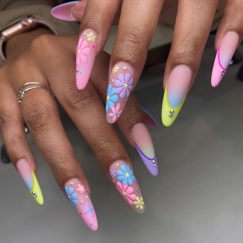 long floral almond nails with matte finish for Easter seasons