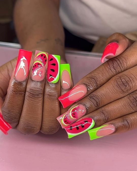 red hot and green watermelon french tip