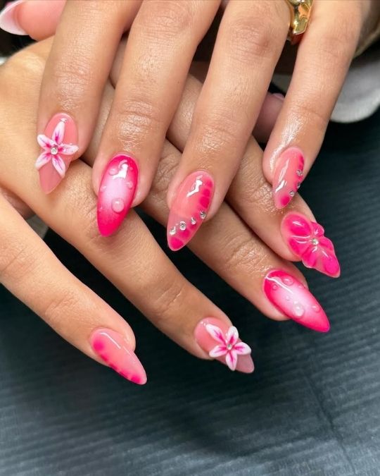 hot pink 3D orchid bloom with tropical vibe nails
