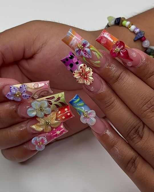 long acrylic square nails with vibrant tropical 3D flowers