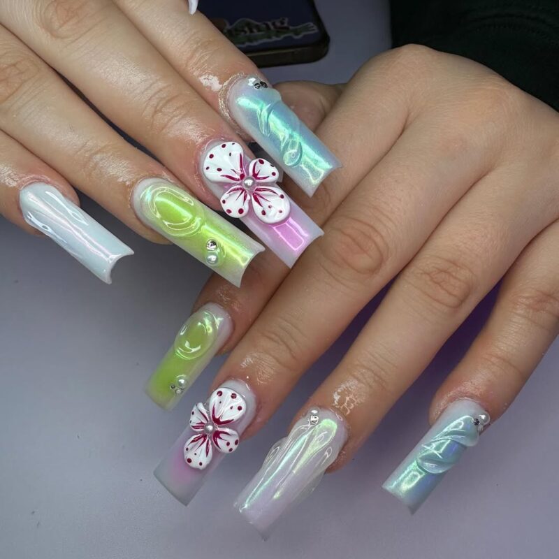long square nails 3D flowers and swirls