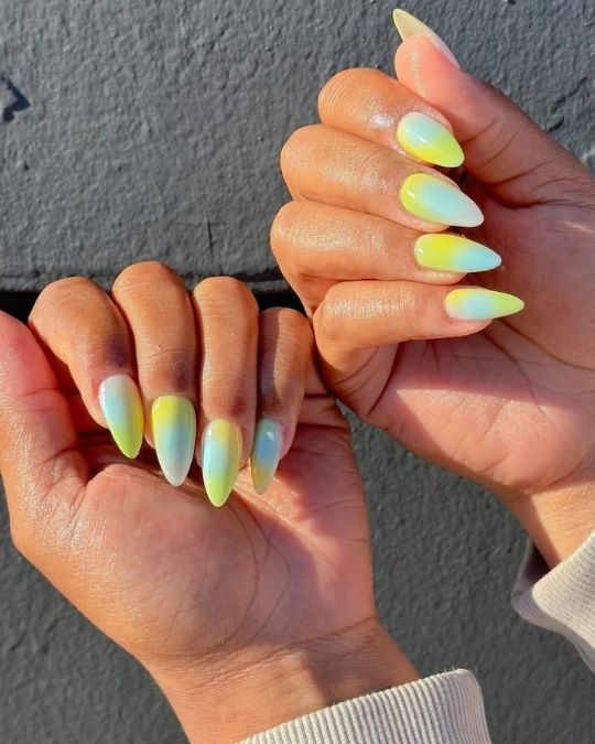 light blue to yellow aura nails