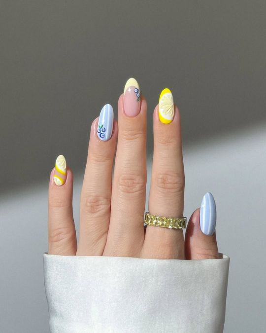 lemon and sweet blueberry almond nails for summer