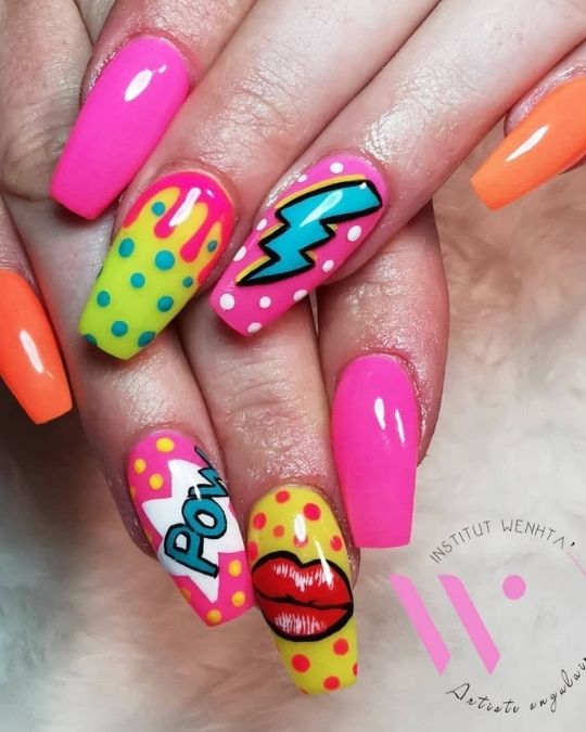 cosmic inspired electric pop art coffin nails