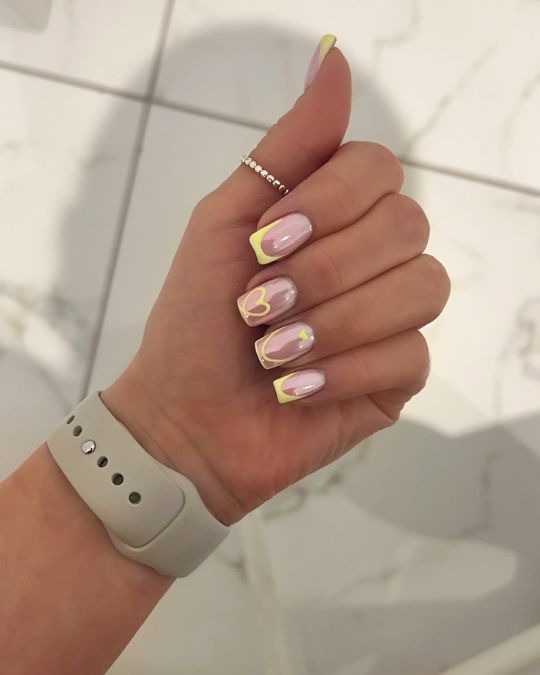 square nails with mirror metallic effect and light yellow french tips