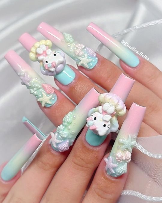 Long square nails with pastel color and Kitty charms