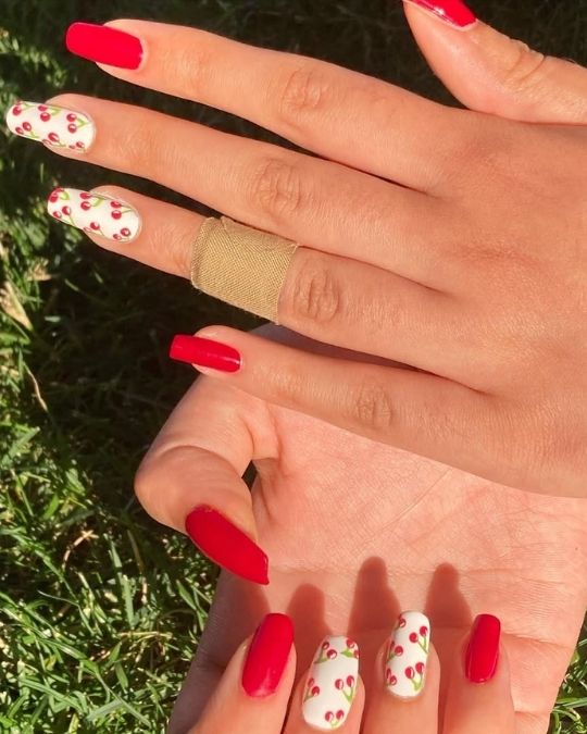 long coffin nails with hot red and cherry designs