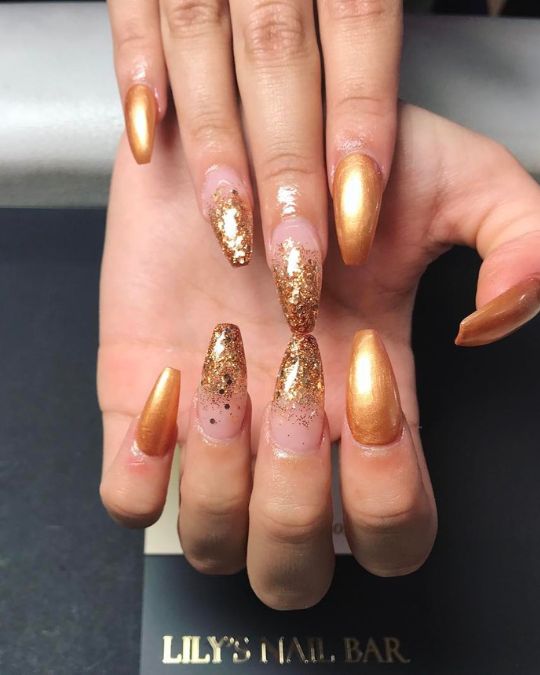 shimmering gold and delicate glitter gradient long coffin nails for summer wedding events