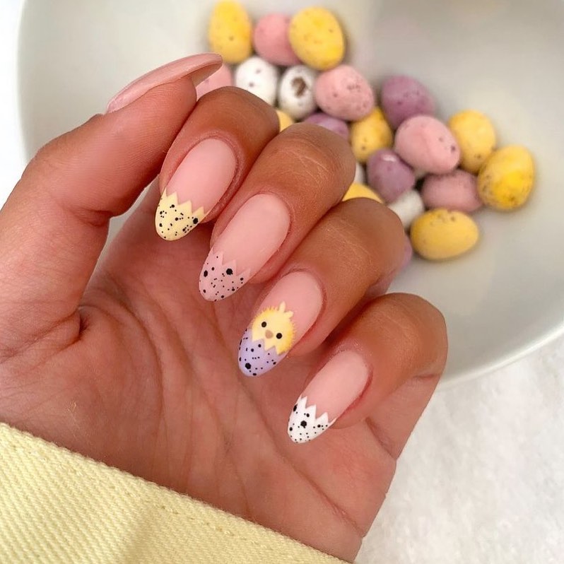 pastel eggs french tips almond nails