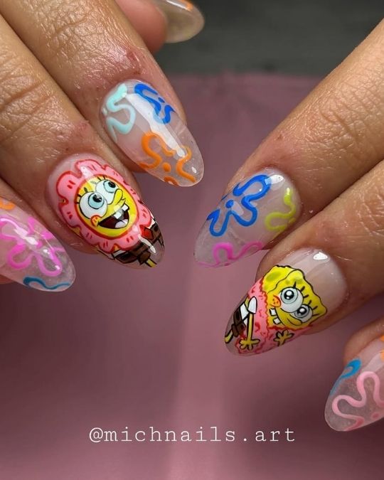 SpongeBob characters on sheer base nails