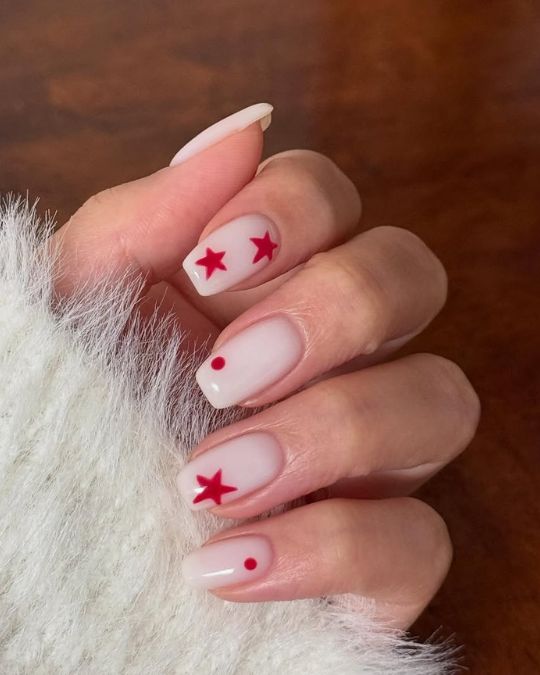 Milky white base squoval nail with red stars and dots