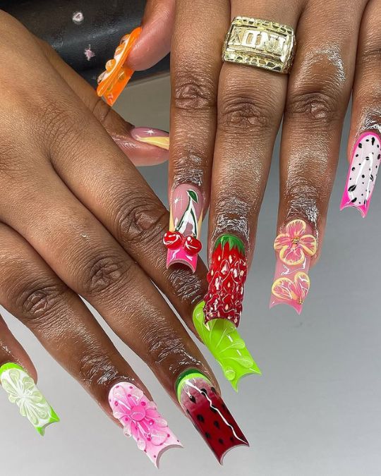 tropical fruits inspired on long square summer nails