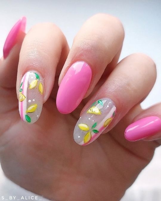 medium round nails with barbie pink and lemon design