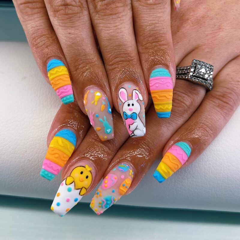 playful bunny and chicken easter-inspired colors long coffin nails