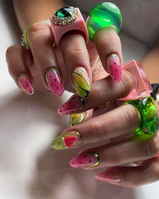 watermelon inspired long almond jelly nails