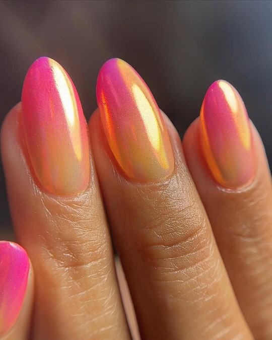 pink-to-gold chrome almond nails featuring summer sunset