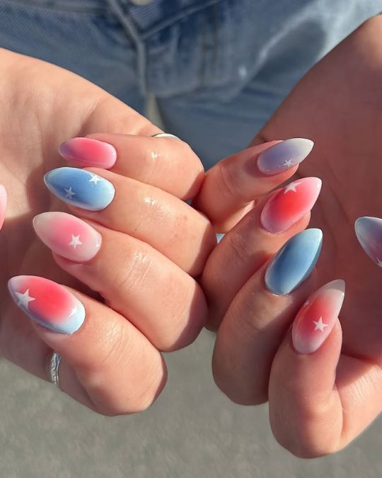 short almond nails with red, white, and blue colors inspired from 4th of july