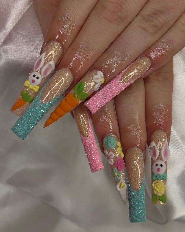 dazzling 3D acrylic Easter - inspired long square nails
