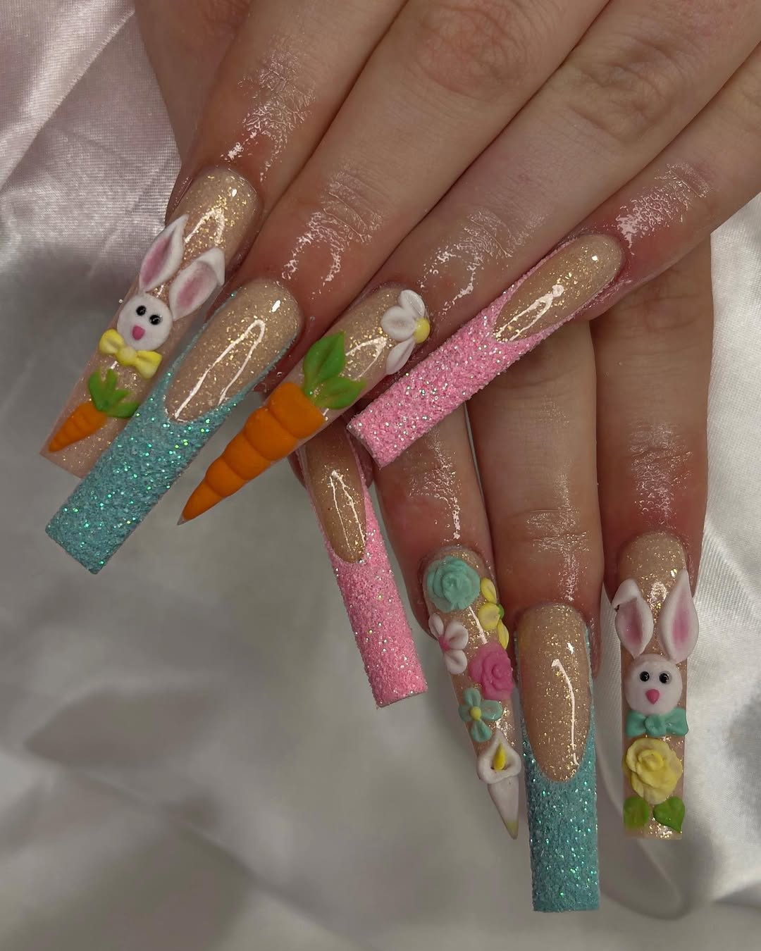 polishedbyneena Bunny's Carrot Chic dazzling 3D acrylic Easter - inspired long square nails